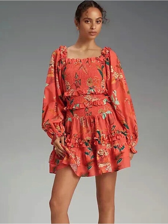 Anthropologie Dresses & Skirts - Farm Rio x Anthropologie Smocked Ruffle Mini Dress Coral